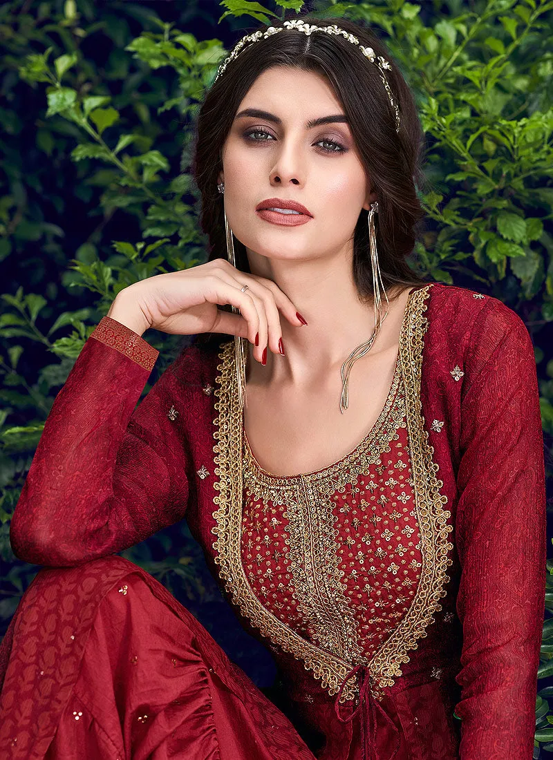 Red Golden Embroidered Jacket Style Anarkali Suit Set