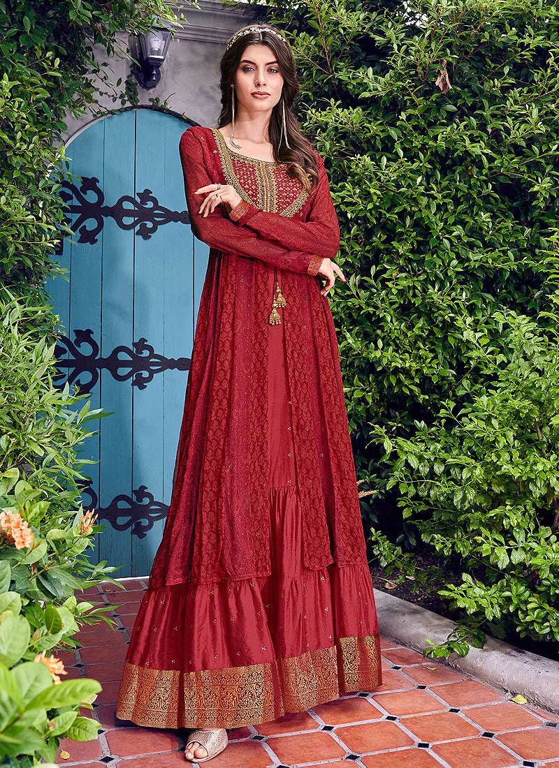 Red Golden Embroidered Jacket Style Anarkali Suit Set