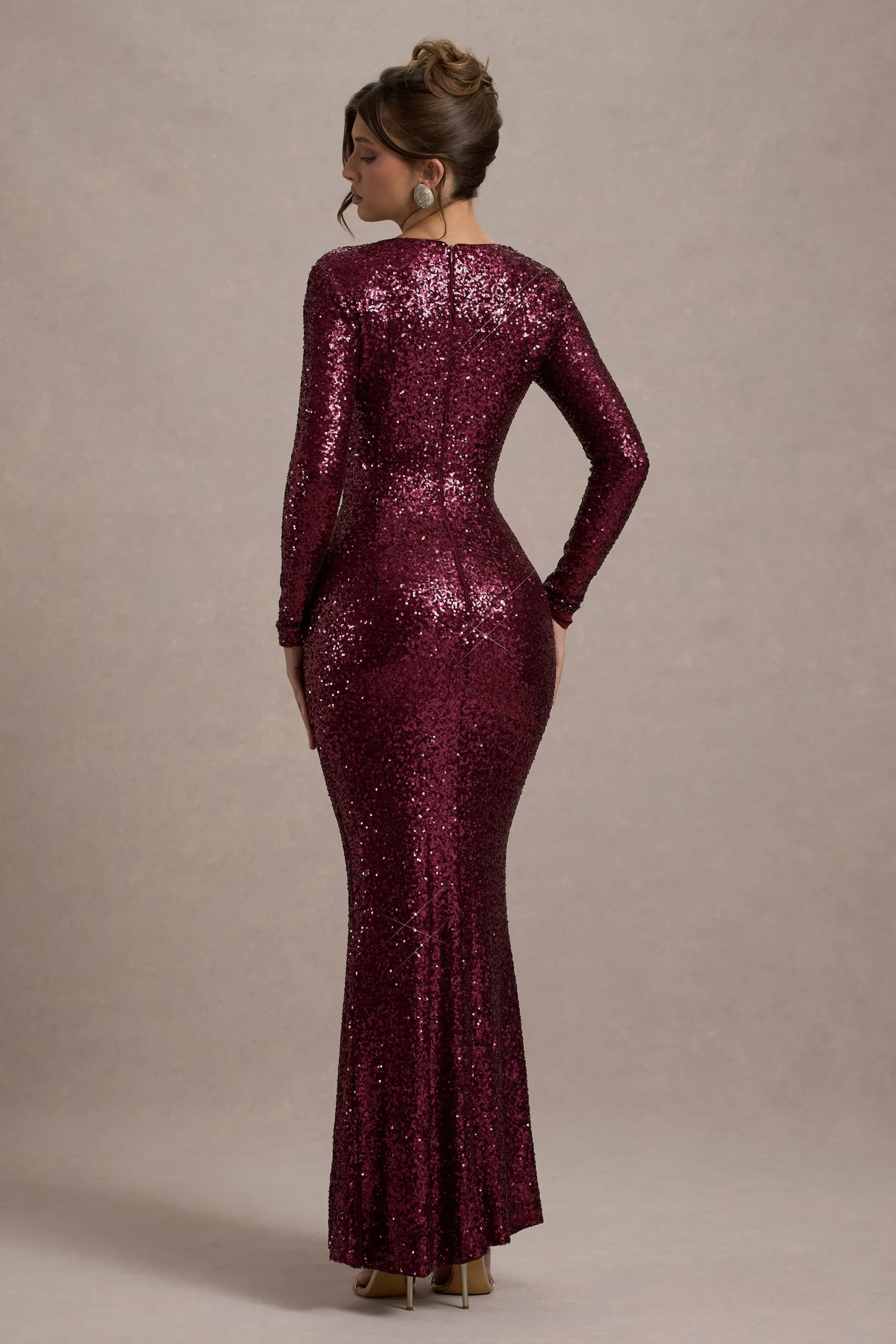 Remarkable | Burgundy Sequin Long-Sleeved Twisted Maxi Dress