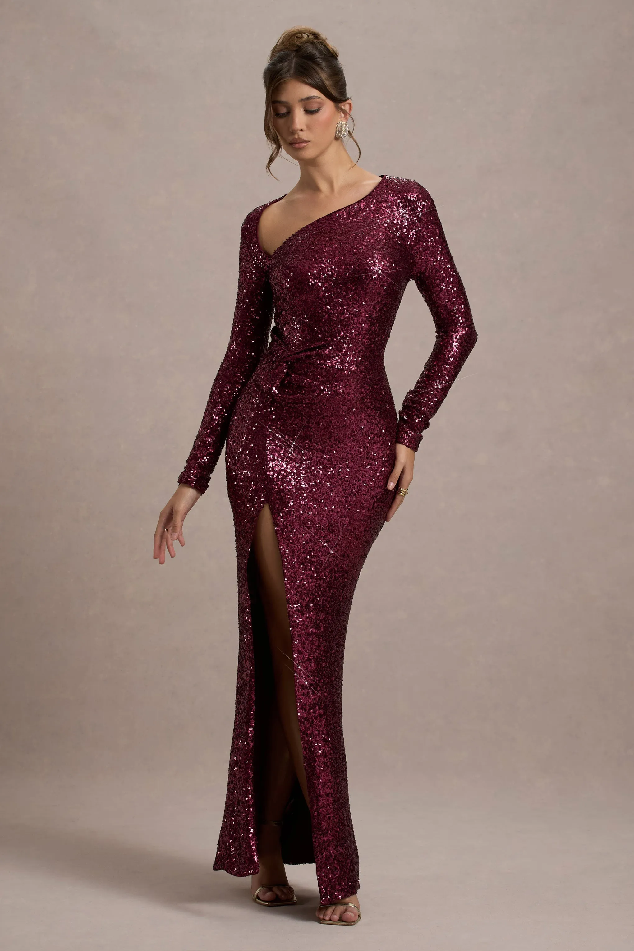 Remarkable | Burgundy Sequin Long-Sleeved Twisted Maxi Dress