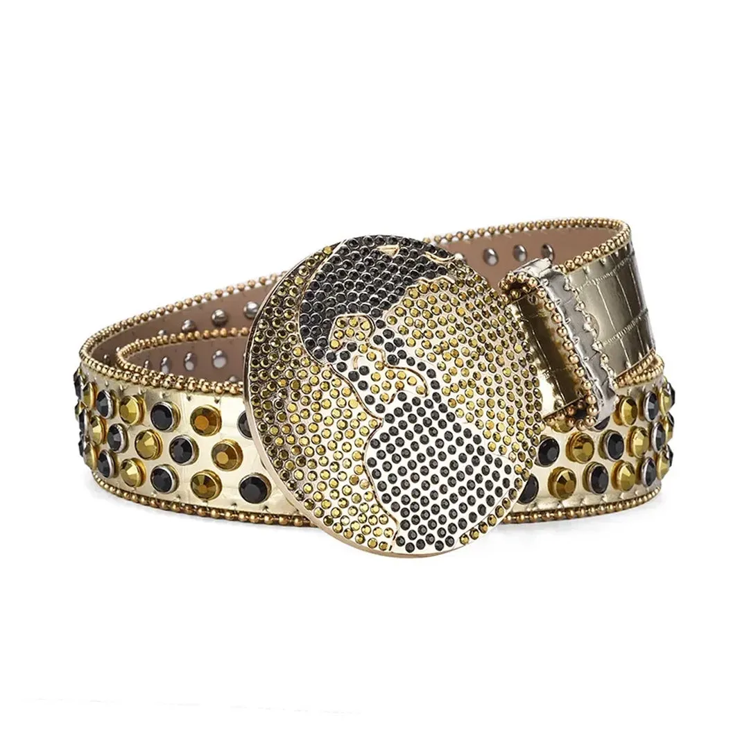 Rhinestone Globe Buckle With Gold & Black Studded Belt