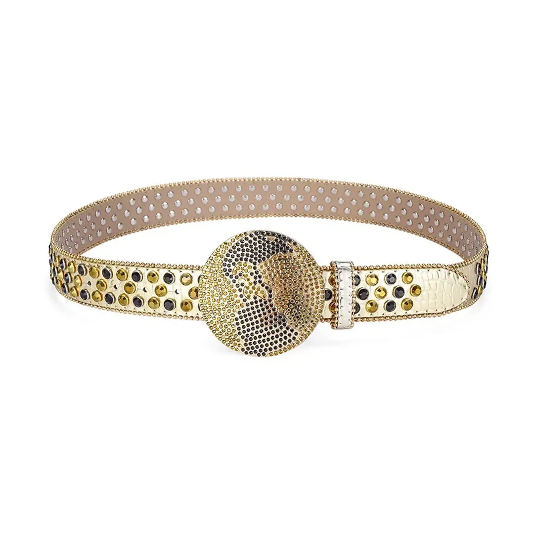 Rhinestone Globe Buckle With Gold & Black Studded Belt