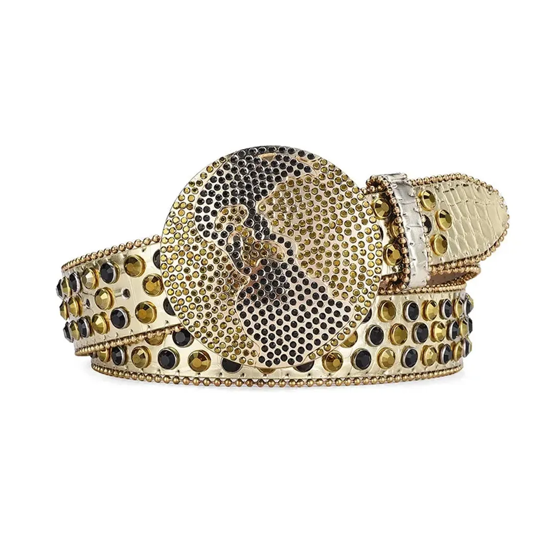 Rhinestone Globe Buckle With Gold & Black Studded Belt