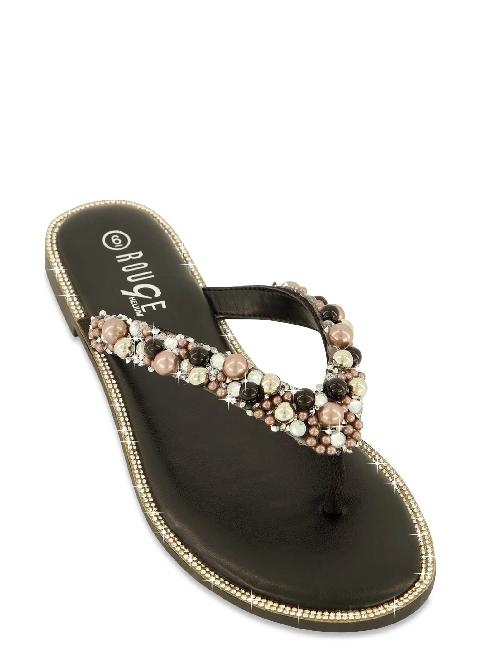 Rhinestone Trim Faux Pearl Thong Sandals