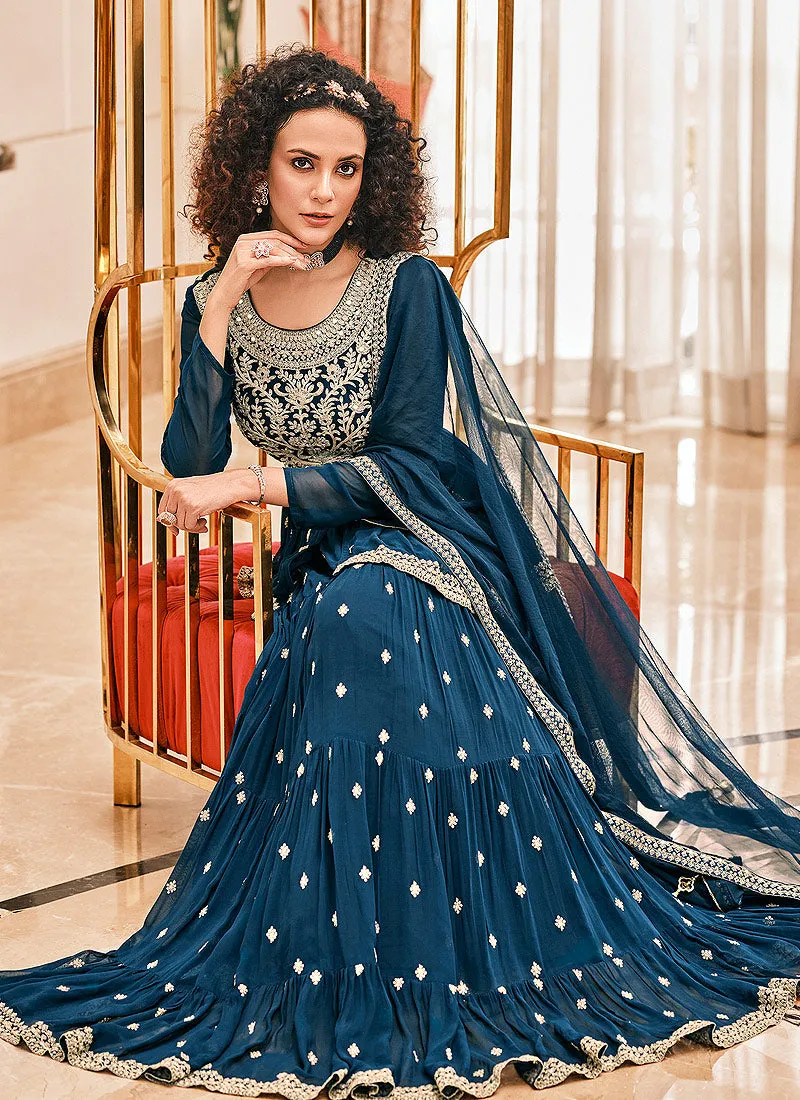 Royal Blue Embroidered Designer Lehenga Kurti