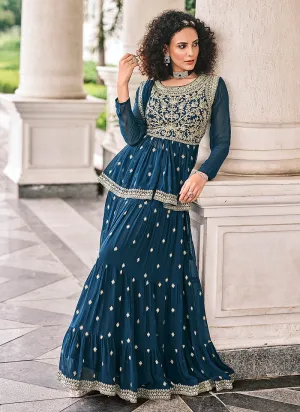 Royal Blue Embroidered Designer Lehenga Kurti