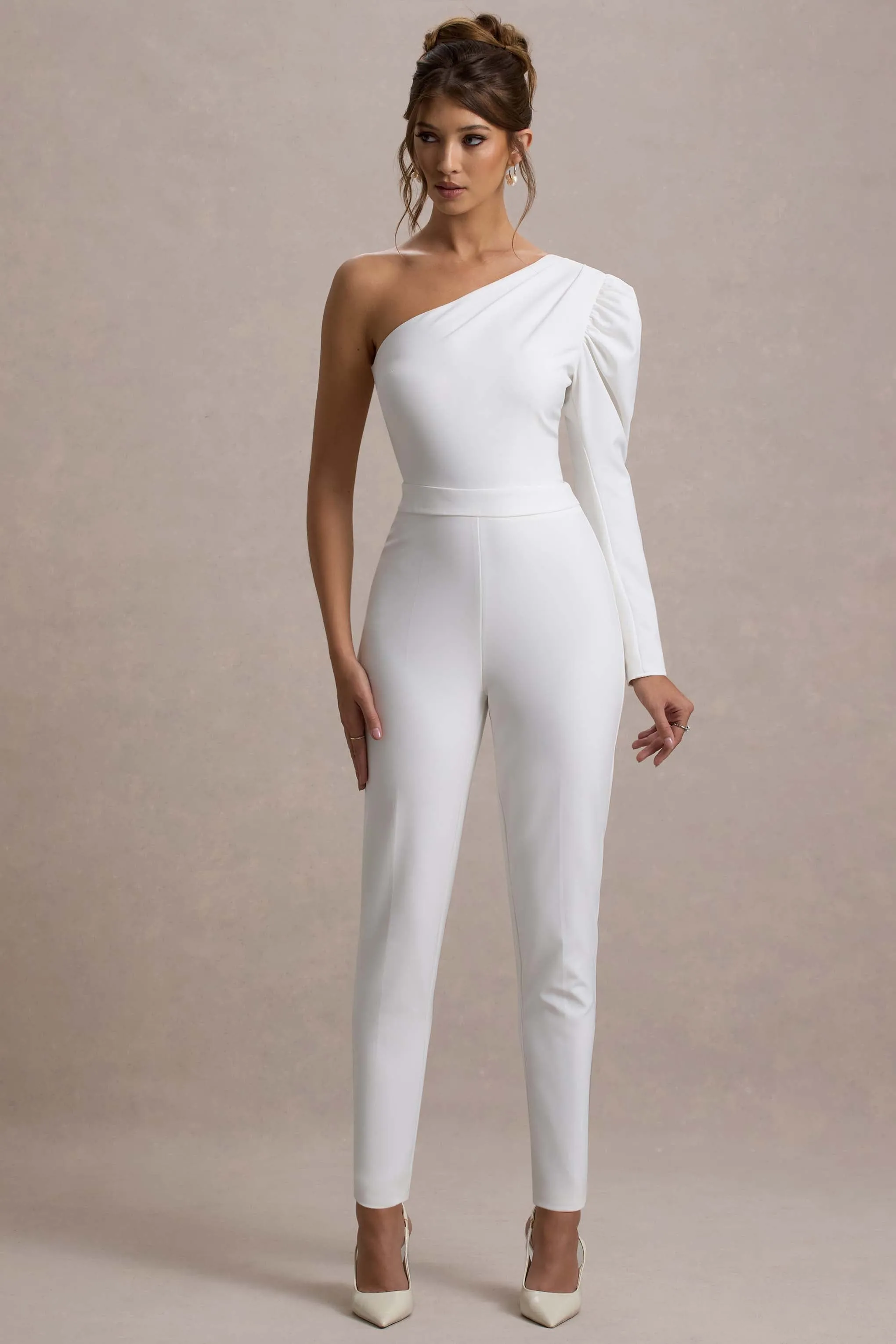 San Jose | White One-Shoulder Puff-Sleeve Jumpsuit