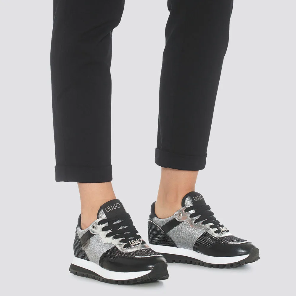 Scarpe Donna LIU JO Sneakers in Suede e Mesh Lamè colore Nero e Argento