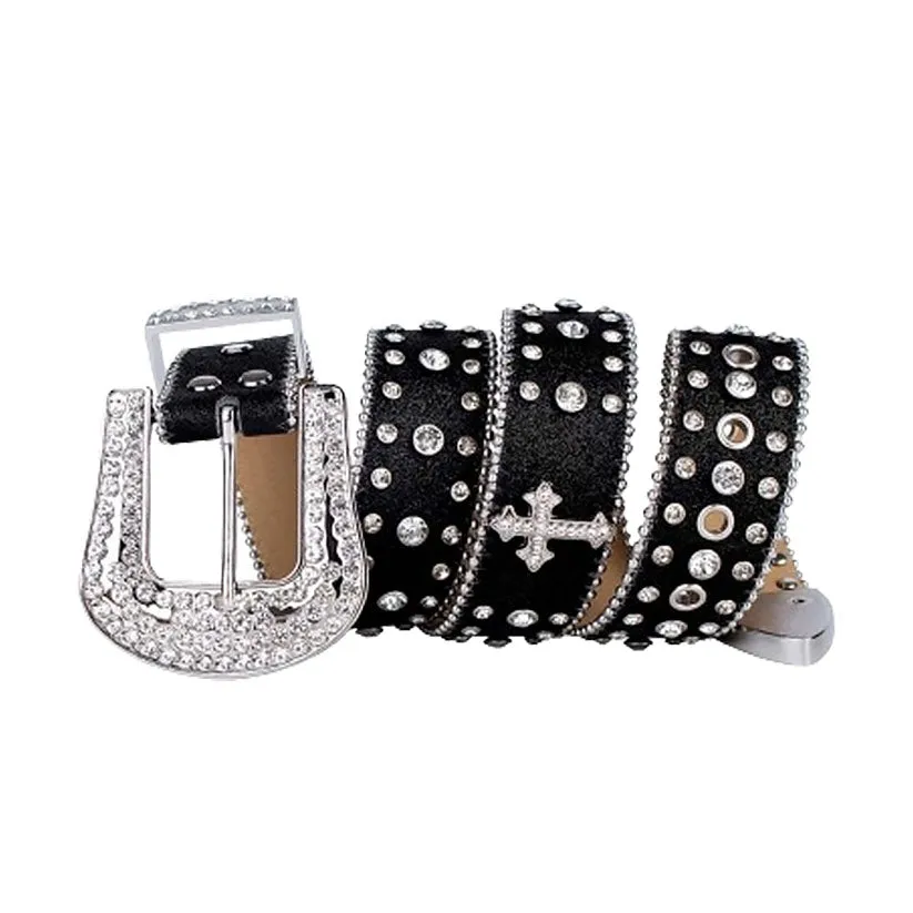 Shiny Black Strap With Cross & Crystal Studded Rhinestone Belt