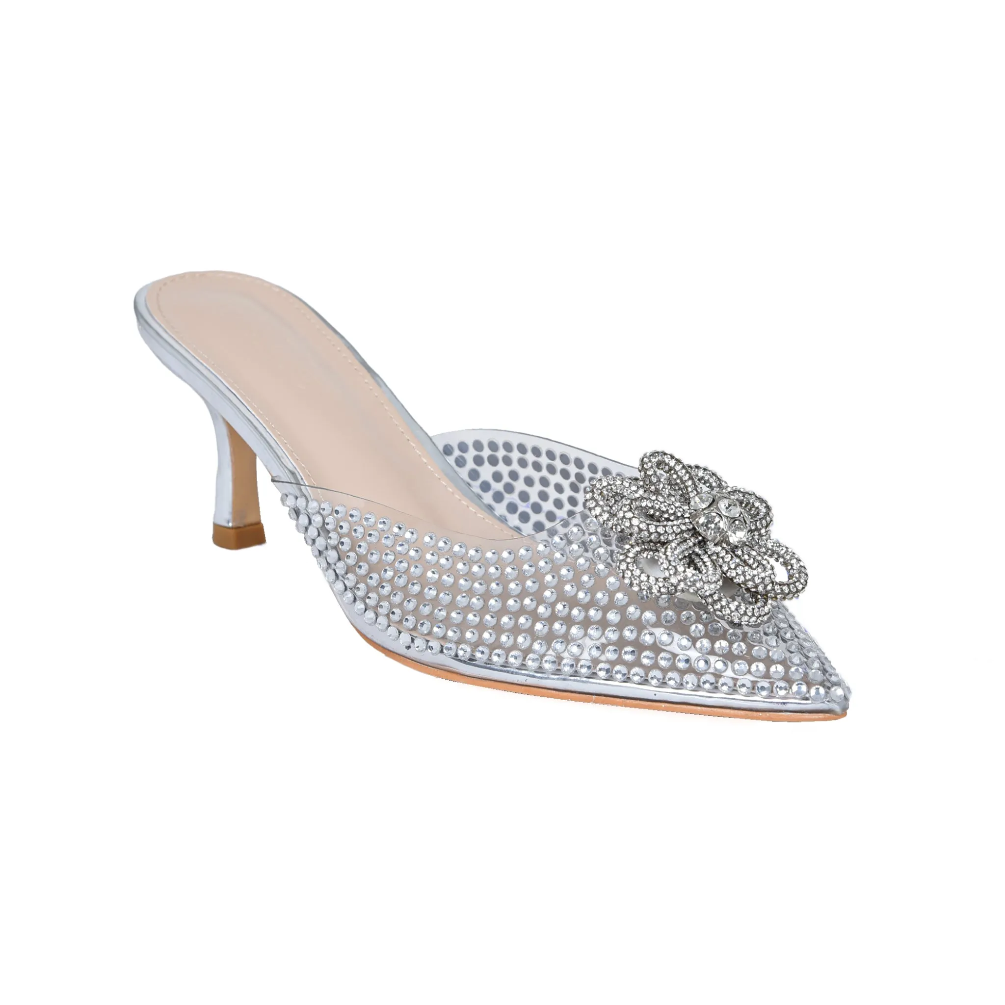 Silver Studded Mules with Crystal Bow | 495L-S