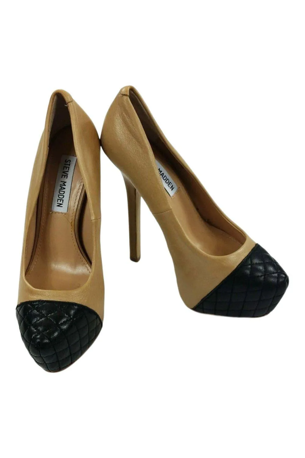 STEVE MADDEN Beauty Beige Leather Black Quilt Toe Platform Heels (USA 5.5 | UK 3.5)