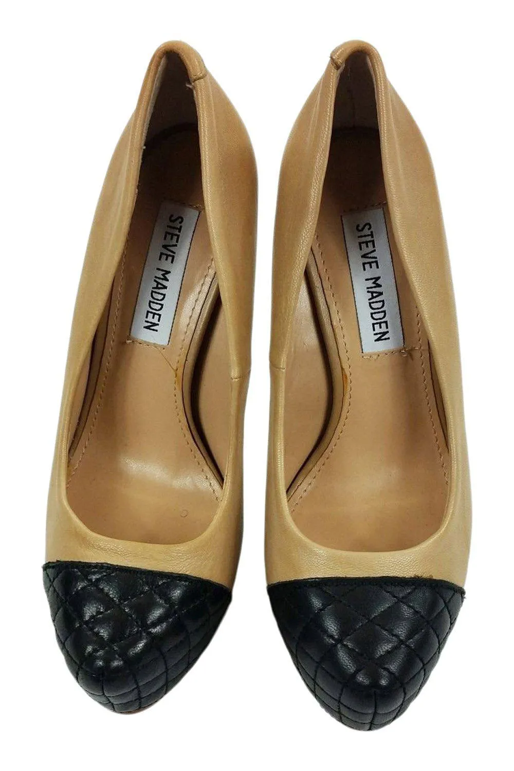 STEVE MADDEN Beauty Beige Leather Black Quilt Toe Platform Heels (USA 5.5 | UK 3.5)