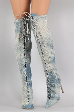 Studded Distressed Denim Lace Up Over-The-Knee Stiletto Boots