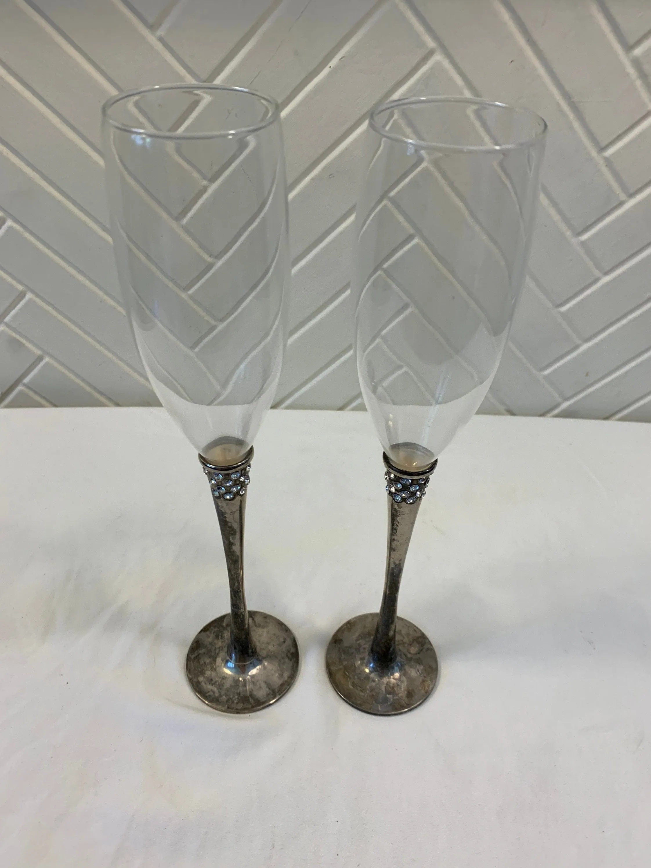 Studded Silver Plated Champagne Flutes, Set of 2