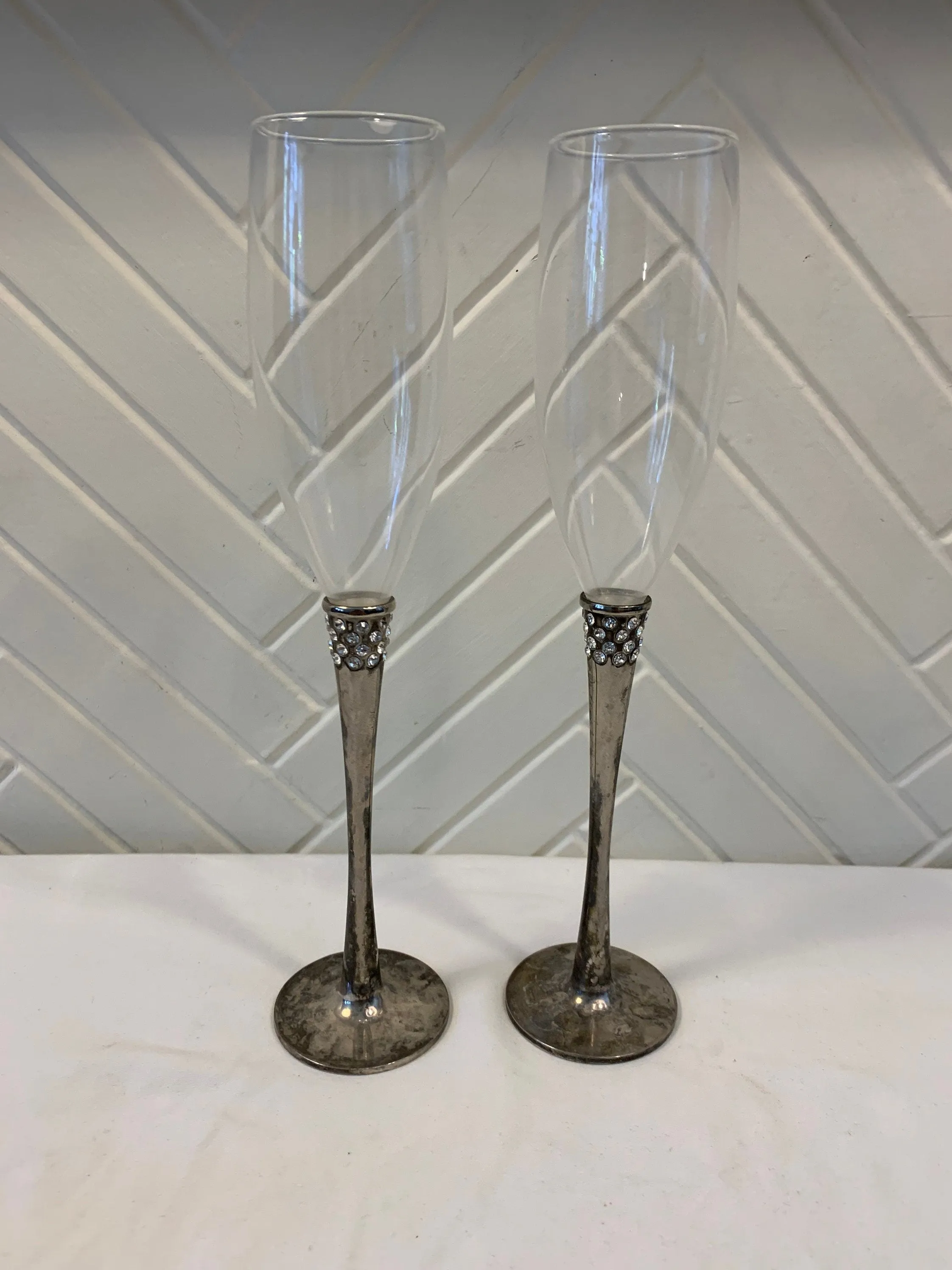 Studded Silver Plated Champagne Flutes, Set of 2