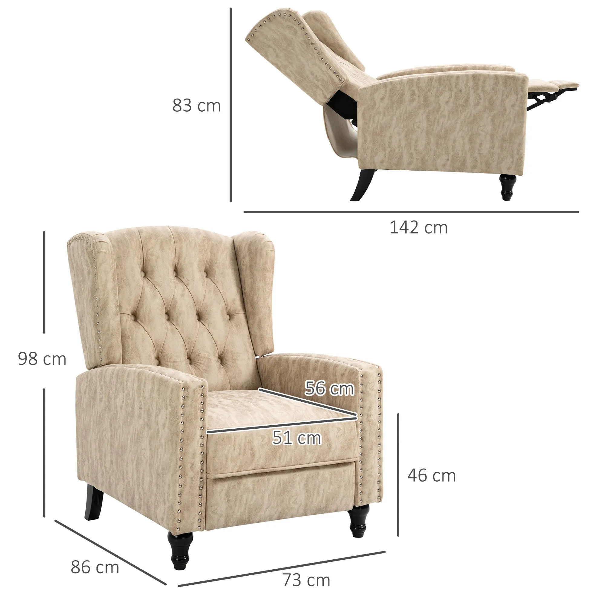 Studded Upholstered Reclining Armchair w/ Retractable Footrest Beige