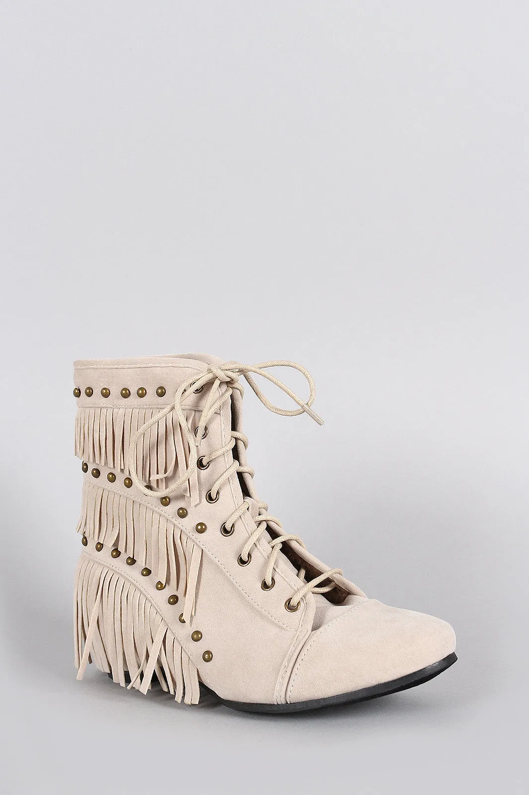 Suede Studded Fringe Lace Up Hidden Wedge Booties