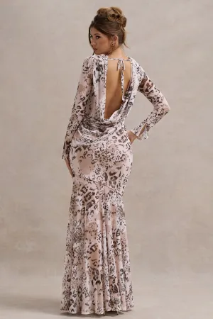 Tigerlily | Leopard Print Mesh Long-Sleeve Open-Back Maxi Dress