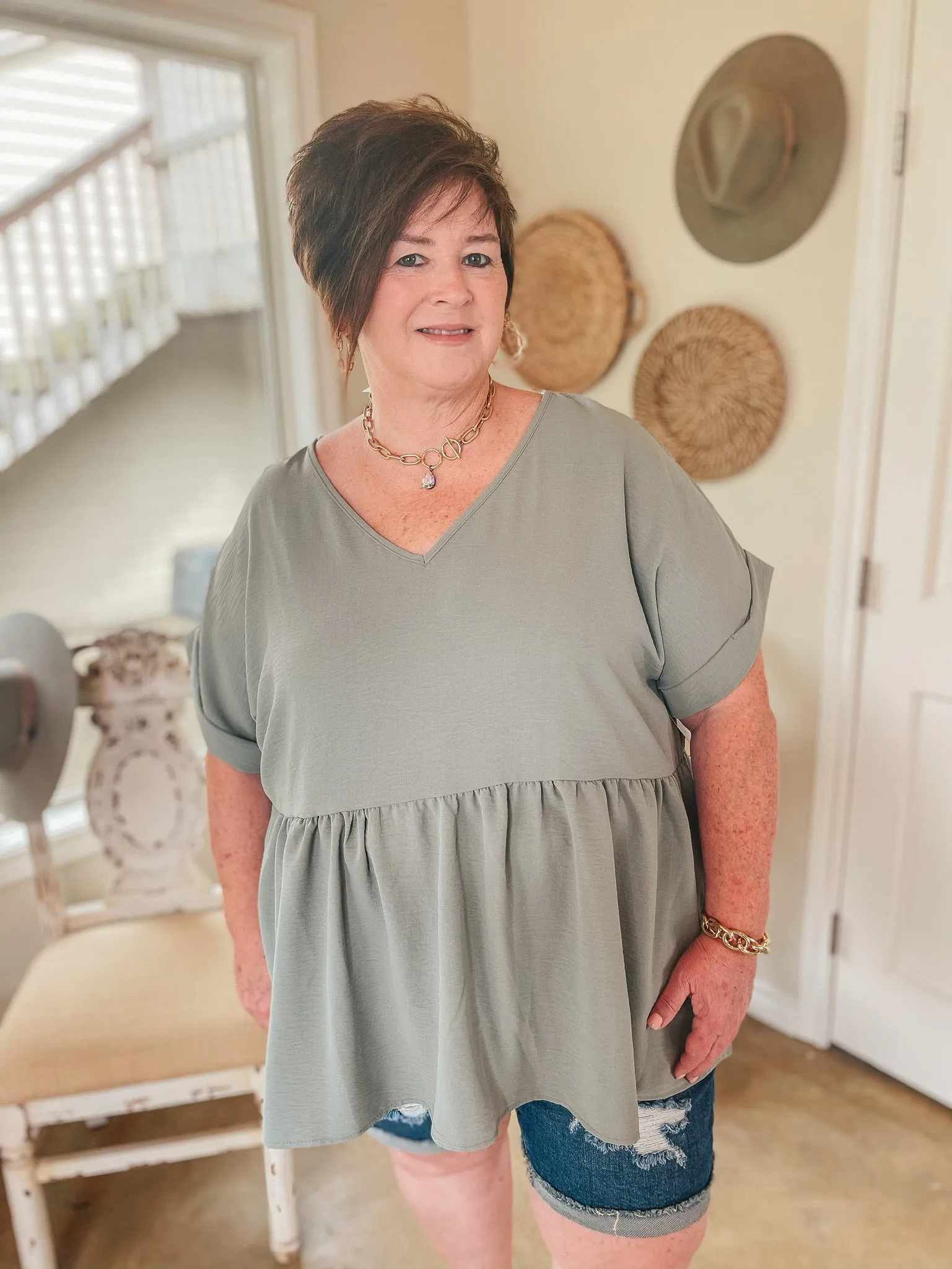 Touring the City Short Sleeve V Neck Babydoll Top in Sage Green