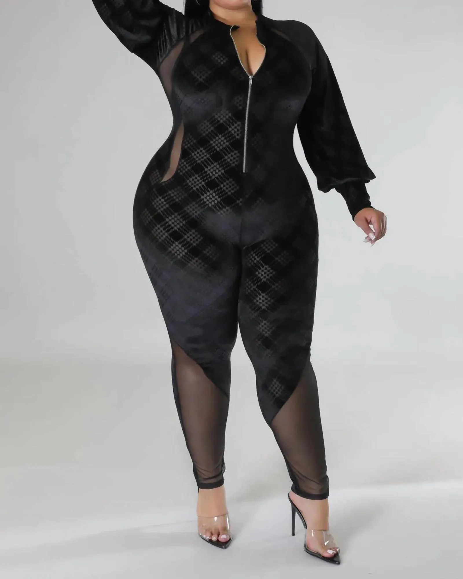 Velvet Burn Out Front Zipper Side Mesh Jumpsuit in Black | Black