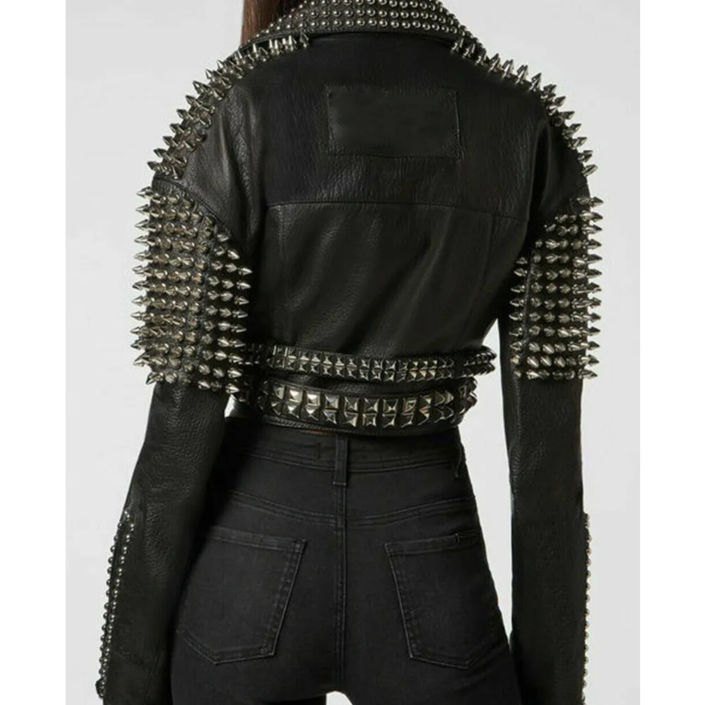 Women Silver Studs Short Body Leather Jacket