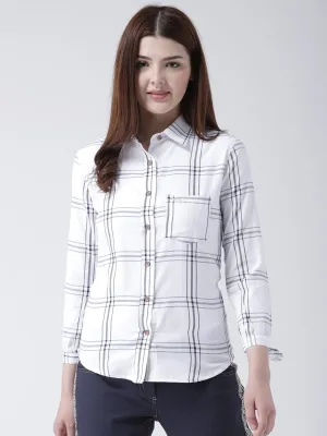 Women White & Navy Blue Slim Fit Checked Casual Shirt