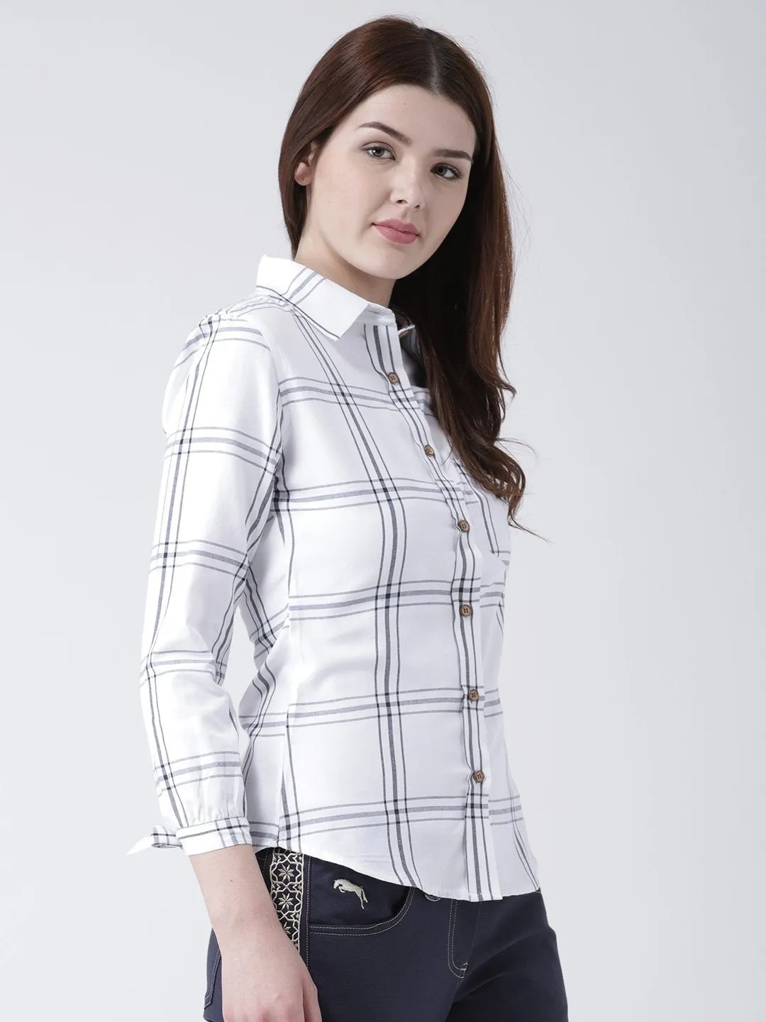 Women White & Navy Blue Slim Fit Checked Casual Shirt