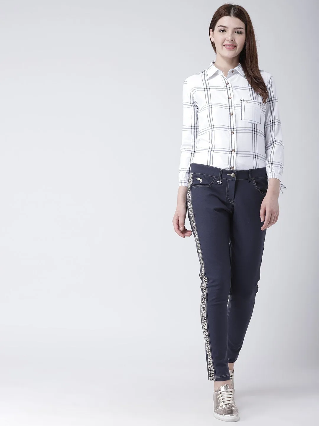 Women White & Navy Blue Slim Fit Checked Casual Shirt