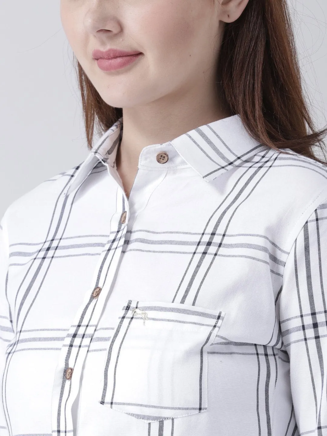 Women White & Navy Blue Slim Fit Checked Casual Shirt