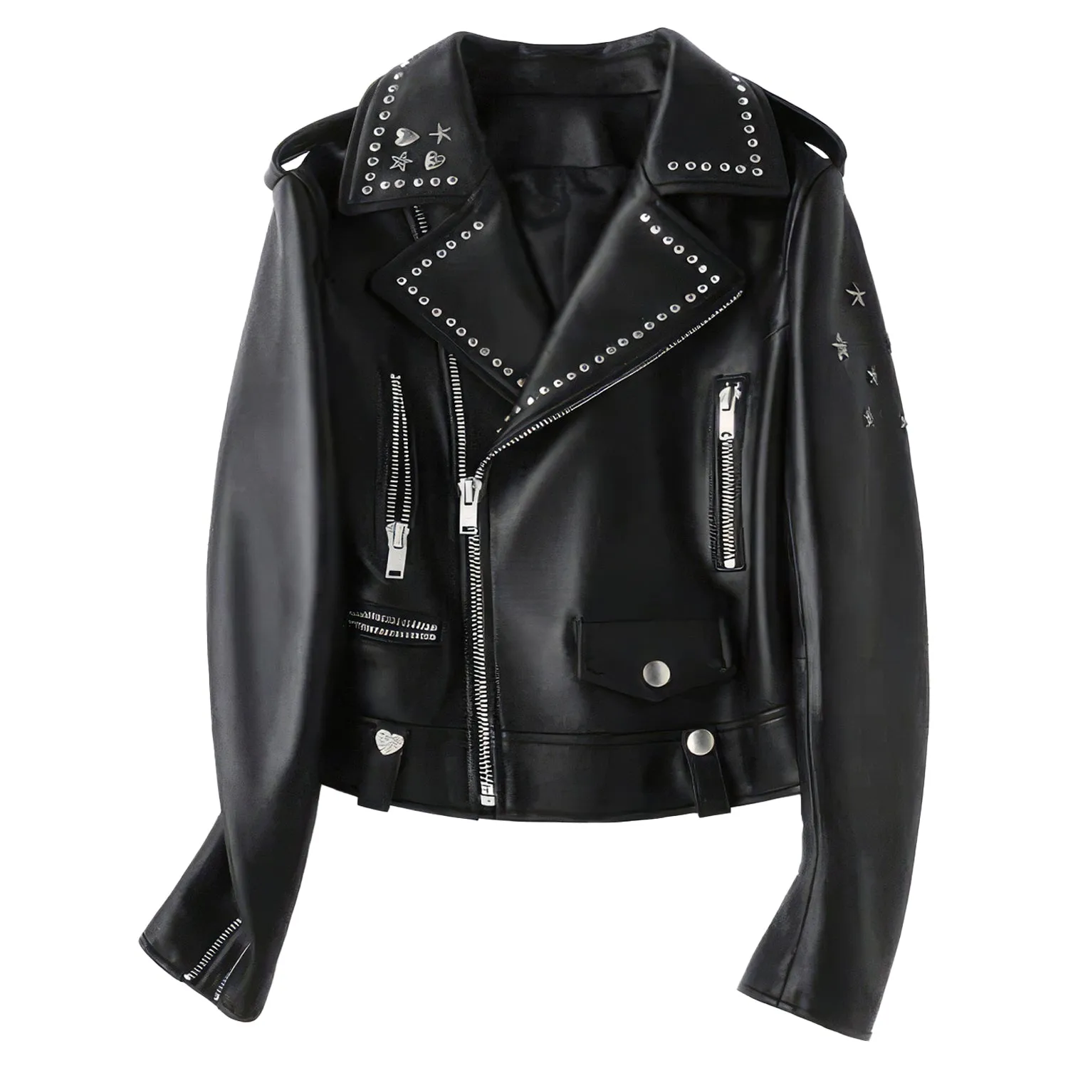 Women’s Black Biker Genuine Sheepskin Lapel Studded Collar Celebrity Style Sporty Café Racer Slim Fit Leather Jacket