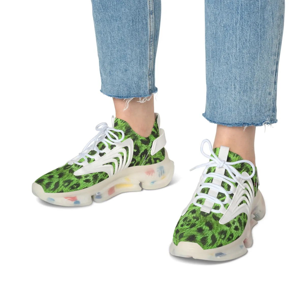 Women's Green Leopard Mesh Sneakers, Leopard Animal Print Mesh Sneakers For Women (US Size: 5.5-12)