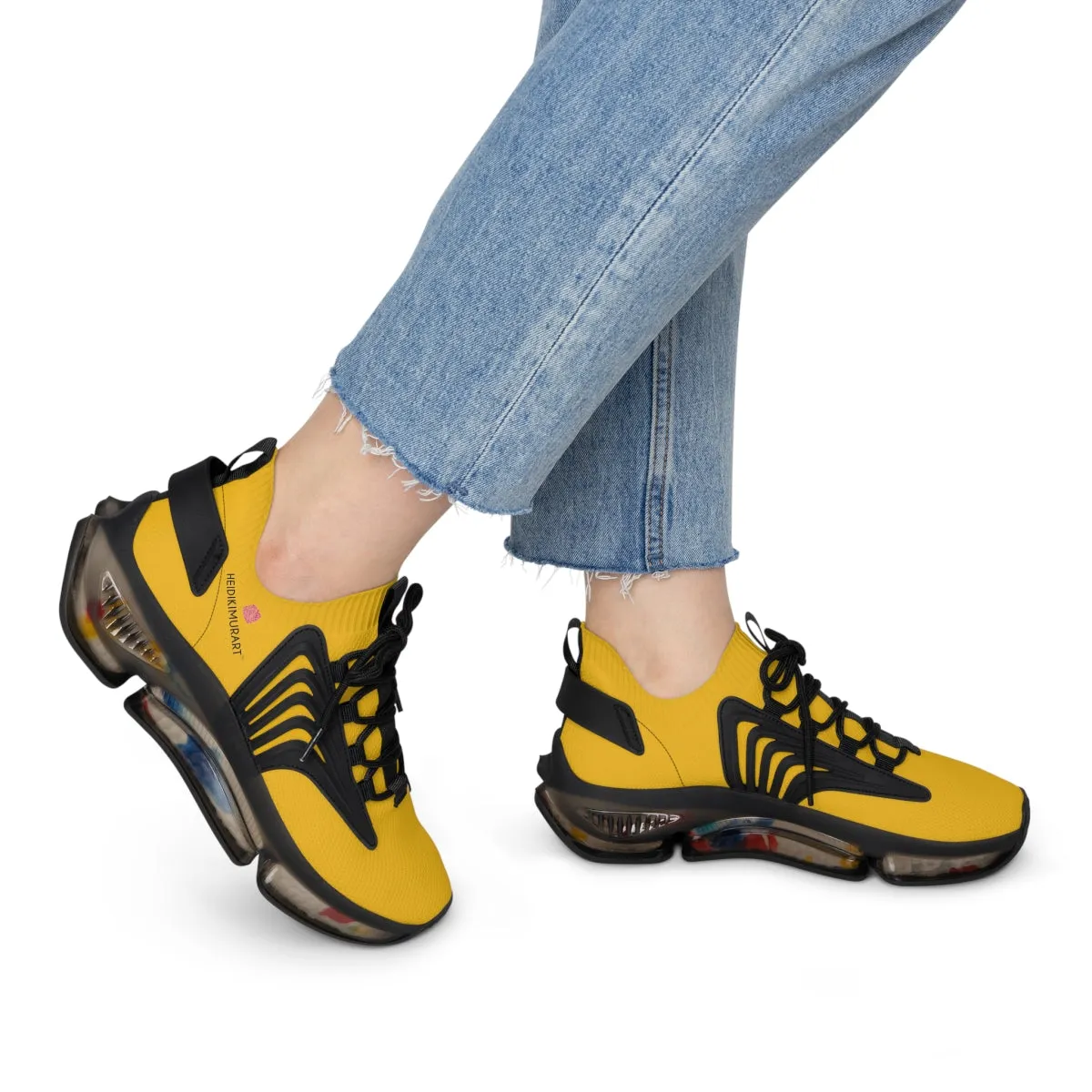 Women's Yellow Mesh Sneakers, Solid Yellow Color Mesh Sneakers For Women (US Size: 5.5-12)