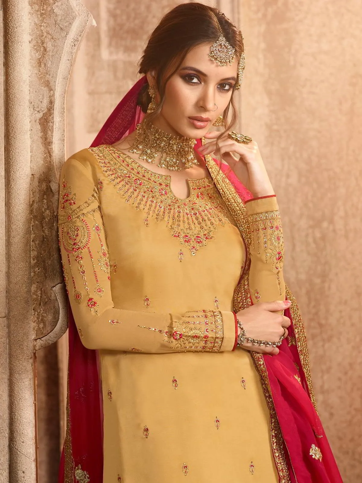 Yellow And Red Embroidered Pakistani Gharara Suit