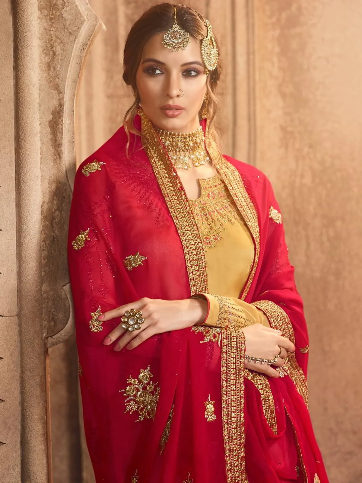 Yellow And Red Embroidered Pakistani Gharara Suit