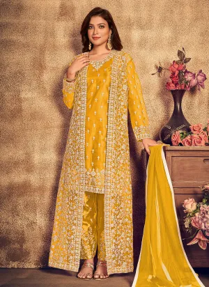 Yellow Traditional Embroidered Jacket Style Pant Suit